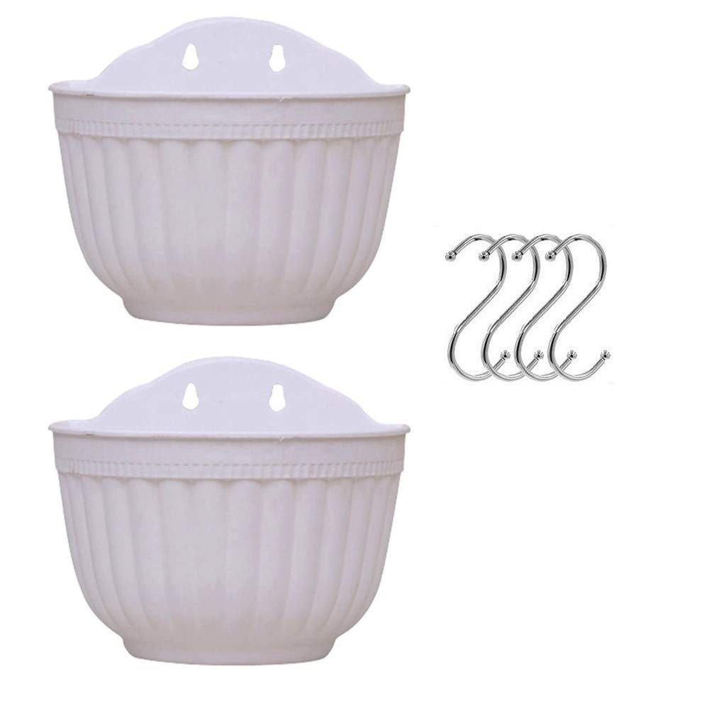 Bulzeu White+White Set Of 2 Pcs Hanging Planters Outdoor Hanging Basket Plastic Flower Pot Plants Holder Hanger For Balcony Fence Wall Mounted Planters Hanging Fence Planters With Drainage And Hooks Wall Fence Plant Pot