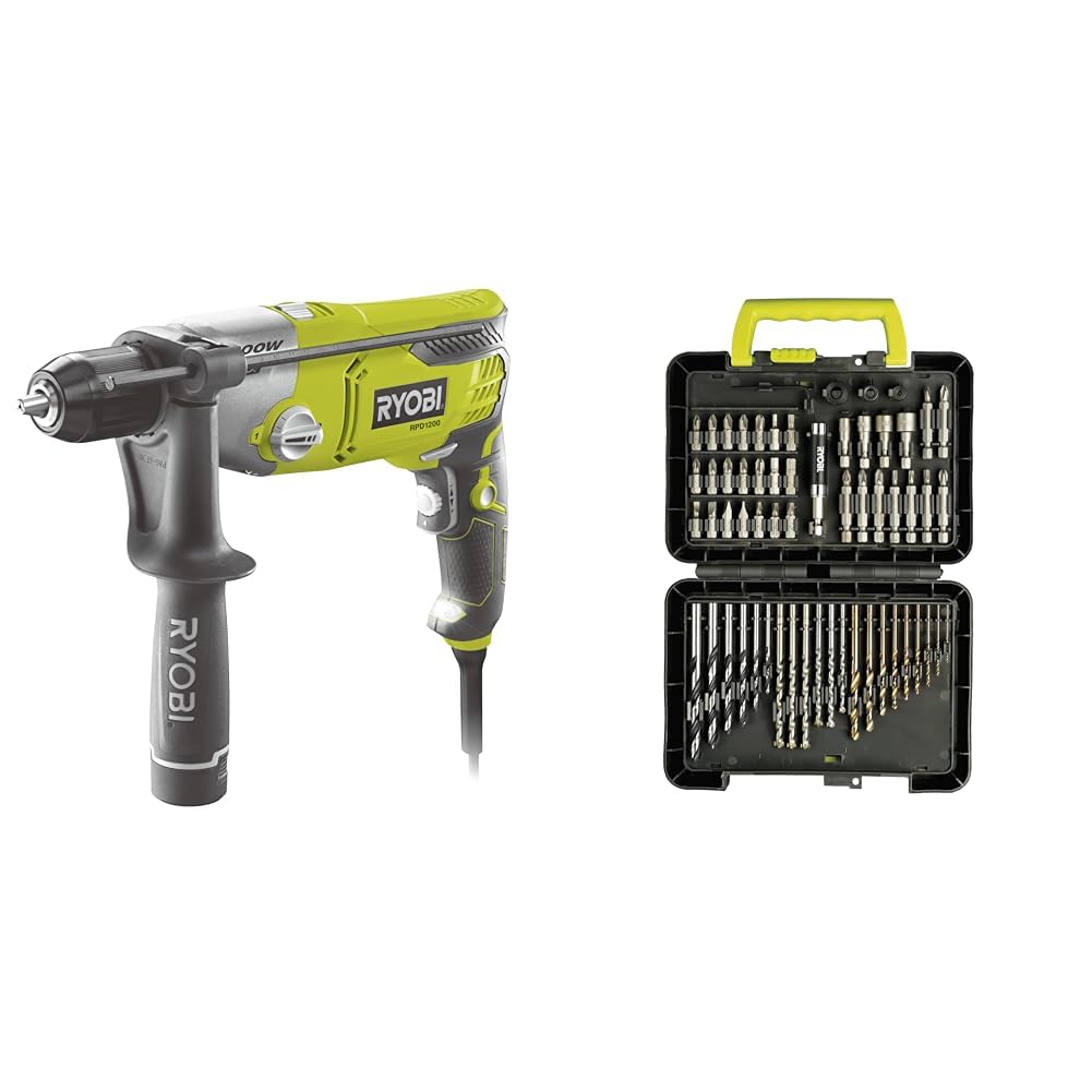 RYOBI - Perceuse Filaire à Percussion 220V, 1200W - 2 Vitesses, Inverseur de Rotation - Mandrin 13mm & Coffret 60 accessoires de perçage et de vissage - RAK60DDF