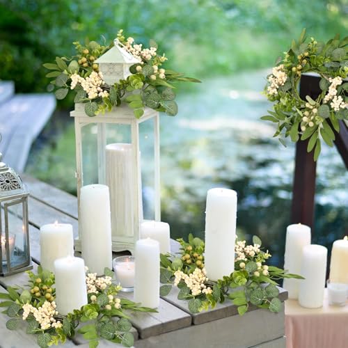 Image of 6 Pcs Green Eucalyptus Candle Rings Wreaths Spring Summer Kitchen Cabinet Wreaths Mini Green Berry Leaves Candle Wreath for Pillars Farmhouse Festival Wedding Celebrations Tabletop Decoration