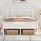 Yaheetech 4ft6 Double Bed Frames Metal Slatted Bed Platform with Curved Design Headboard and Footboard, Under-bed Storage, No Box Spring Needed, 12 Built-in Steel Slats, White