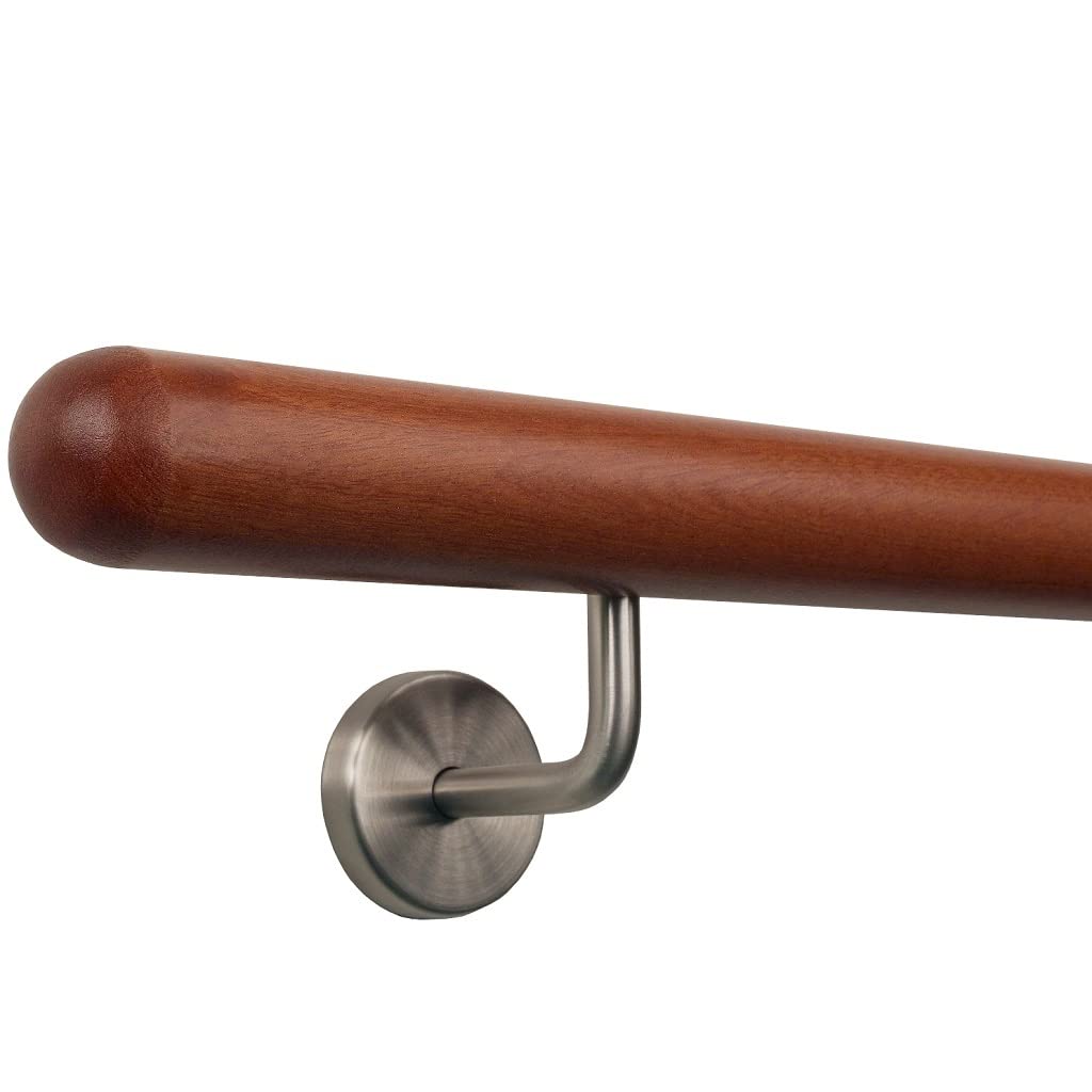 TIBU - Corrimano in legno di mogano, corrimano per scale, lunghezza 30-500 cm in un unico pezzo, lunghezza 80 cm con 2 supporti - Estremità sferica mezza scavata