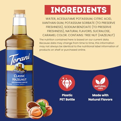 Image of Torani Sugar Free Classic Hazelnut Syrup 1L Bottle - Keto, Zero Sugar