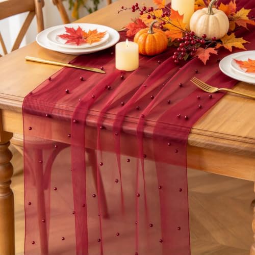Red Fall Table Runner Pearl Cheesecloth Table Runner Halloween Thanksgiving