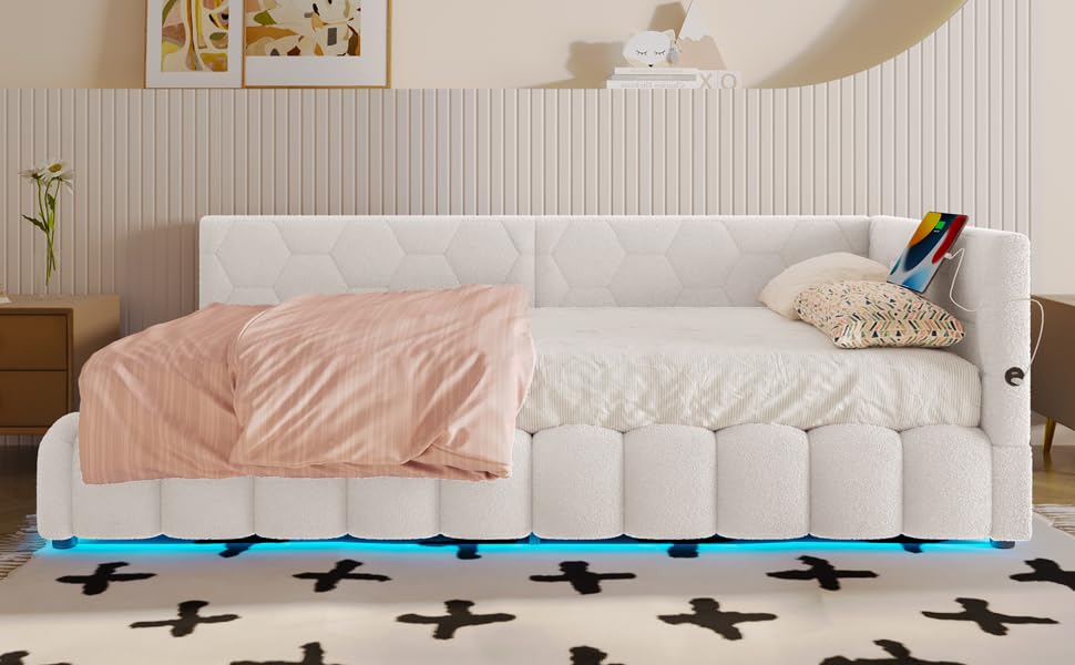 ZKLOEP Cama diurna, 90 x 200 cm, sofá cama, cama con somier (sin colchón), con tira de luz LED, con mecanismo de elevación hidráulica, puerto USB, tipo C, material cómodo, imitación de fieltro, color