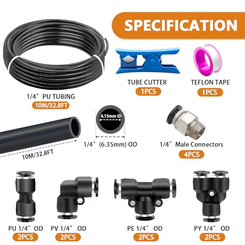 mankk Air Line Tubing Kit 1/4”(6.35mm) OD x 32.8 Feet Polyurethane PU Tube Air Hose Fittings and Push to Connect Fittings Pneumatic Tubing Compressed Accessories