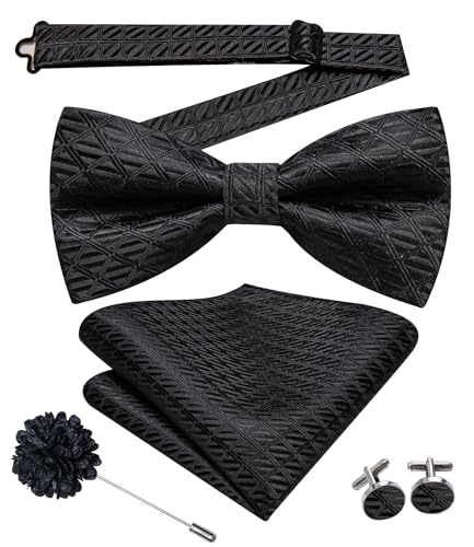 Image of Hi-Tie Pretied Bowtie Lapel Pin Set for Men Pocket Square Cufflinks 4PCS Bow Tie Set Mens Wedding Business Party, Black Plaid