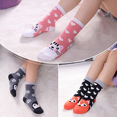 Linemin Kids Fuzzy Socks Boys Girls With Grips Non Slip Slipper Socks Cozy Fluffy Winter Warm Crew Socks 6 Pairs (Cute Animal, 4-7 Years) #TOP1