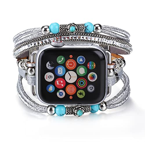 CHARMINGO – Bracelet de montre multicouche style bohème unisexe avec sangles en cuir, compatible avec Apple Watch 38 mm/40 mm/41 mm, Series 9/8/7/6/5/4/3/2/1/SE Ultra 2, argenté – vue 5