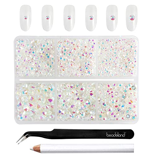 Beadsland 4300pcs Flatback Rhinestones,Transparent AB Rhinestones Nail Gems Round Crystal for Crafts,Mixed 6 Sizes with Picking Tweezers and Wax Pencil Kit