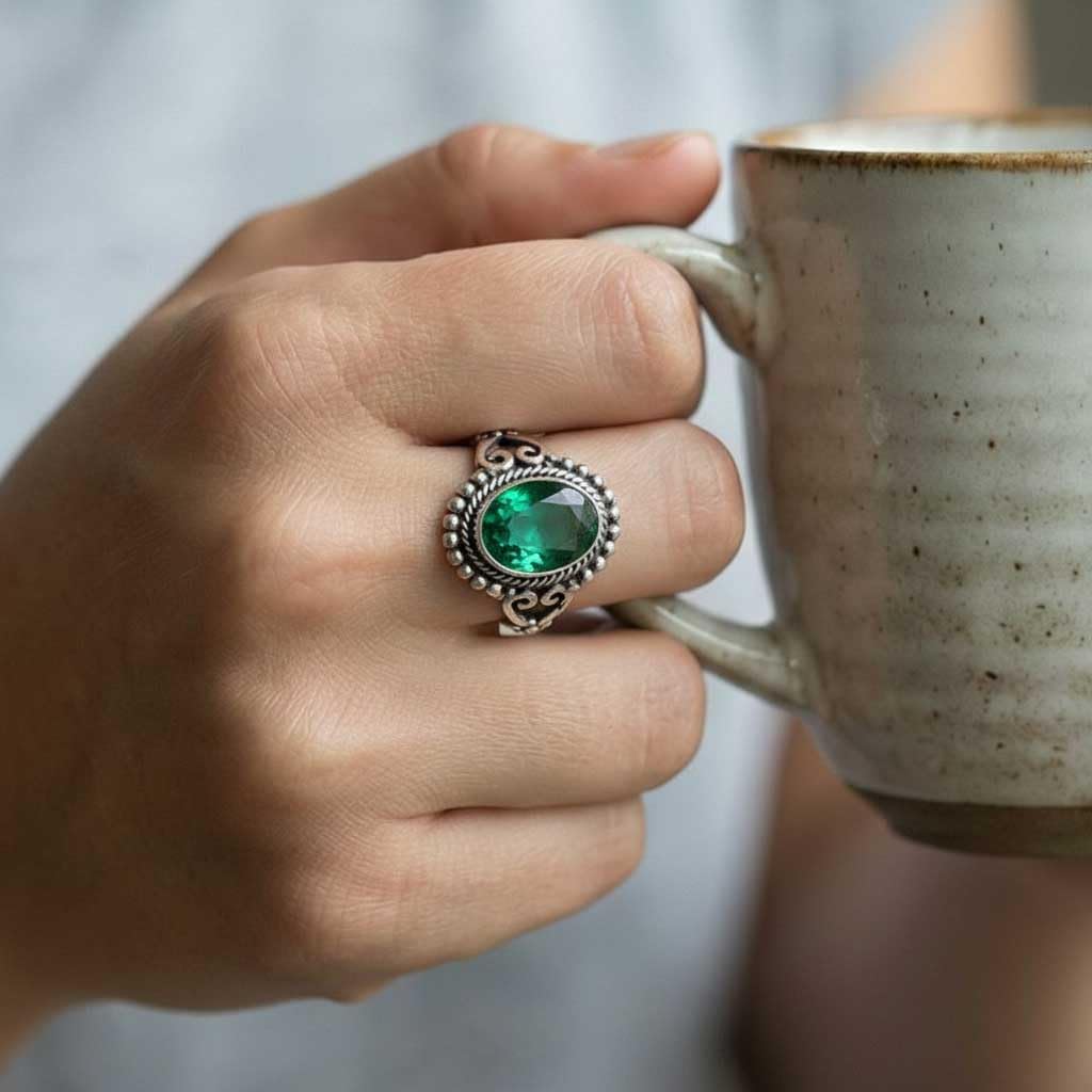 JEWELOPORIUM Natural Gemstone Ring For Women Labradorite, Tiger Eye, Turquoise, Moonstone Oval Boho 925 Sterling Silver Overlay Handmade Jewelry