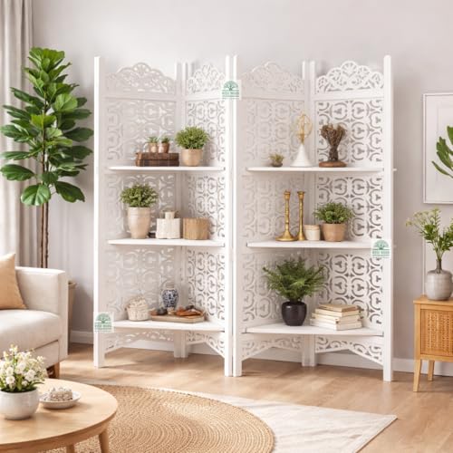 Image of Wooden Room Divider 6 Feet, 4-Panel Folding Wooden Partition for Living Room, Office, Pooja Room, Restaurant, Kitchen & Balcony (2W x 1.82H Meters). (Milky White Shelves)