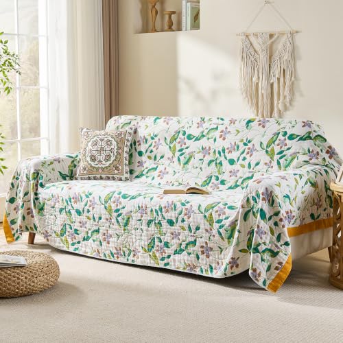 Image of VANJOROY Boho Throw Blanket, 100% Organic Cotton Breathable Skin-Friendly Ultra Soft 60 inch x 80 inch Bed Quilt Throw - Floral Rustic Decor Luxury Reversible Blanket for Sofa Couch Chair and Gift,