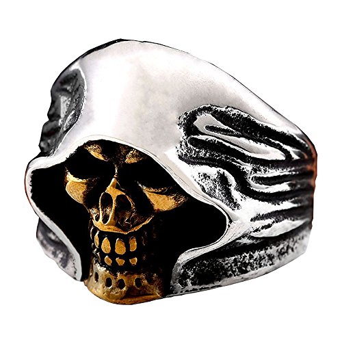 ZMY Mens Fashion Jewelry Rings, Stainless Steel Gold Face Grim Reaper Skull Ring for Men (9)
