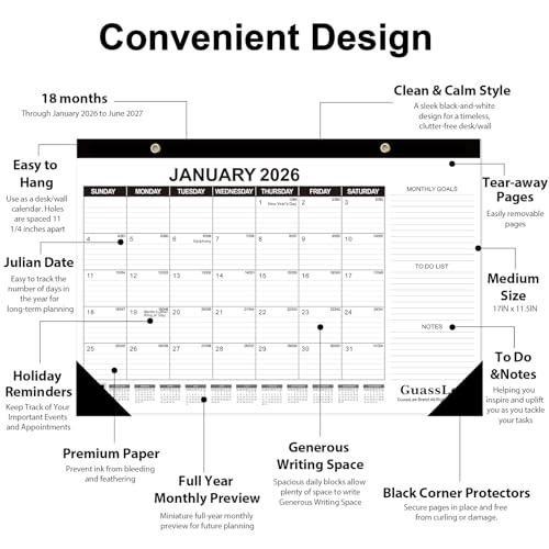 Image of GuassLee Desk Calendar 2026, 3 Packs, 18 Months Calendar 17 inch x 11.5 inch Desk Calendar from Jan. 2026 to Jun. 2027 with Julian Date, To-do List, Notes, Monthly Goals, for Home School Office