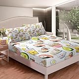 Feelyou Sushi Pattern Bedding Set Japanese Style Bed Sheet Set for Kids Boys Girls Cute Cartoon Sushi Bed Sheets Japanese Cuisine Decor Fitted Sheet Bedroom Collection 2Pcs Twin Size