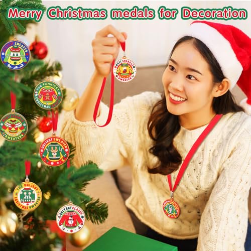 relaxgiant 48 pcs ugly sweater medal award 2 inch christmas ugly sweater trophy pvc ugly sweater contest prizes with neck ribbon for holiday party favors christmas tree ornaments
