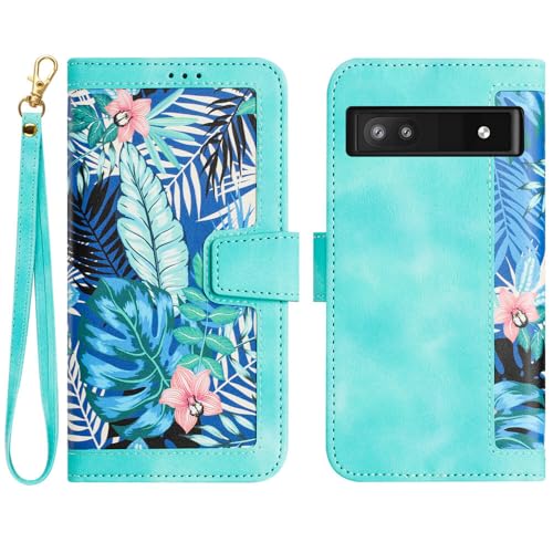 Étui Google Pixel 9A clapet portefeuille cuir avec sangle antichoc housse de protection fleur verte