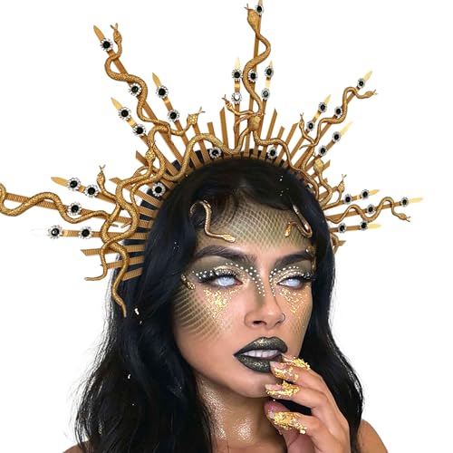 Couronne de méduse dorée spectaculaire et légère avec boucles d'oreilles serpents assorties