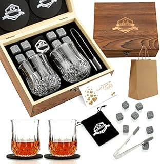 Whisky Stones Gift Set | Set of 9 Reusable Chilling Whisky Rocks with Ice Clip,Wine Bottle Pourer & Storage Pouch,Cooling Your Favourite Beverage Without Dilution, Mens,Womens, Dad, Best Man Gift