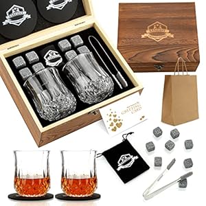 Whisky Steine Geschenkset Set Set von 8 wiederverwendbaren kühlenden Whisky Rocks mit Eisclip, Weinflasche-Ausgießer für…