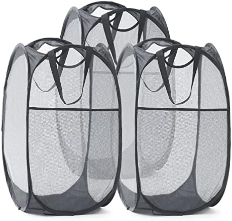 Mesh Pop Up Laundry Hamper with Durable Handles - Portable Collapsible Clothes Baskets for Dorm, Bathroom & Travel (3 Pack, Grey)