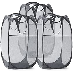 TECHMILLY Collapsible Mesh Pop Up Laundry Hamper with Sturdy Handles and Side Pocket - Portable Foldable Clothes Baskets for Dorm, Bathroom & Travel Storage (Grey, 3 Packs)