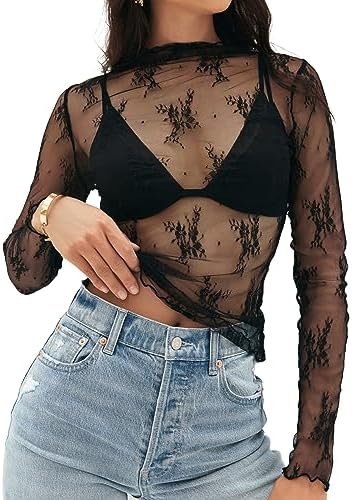 MEROKEETY Womens Mesh Sheer Lace Long Sleeve Mock Neck Blouse Shirt Tops