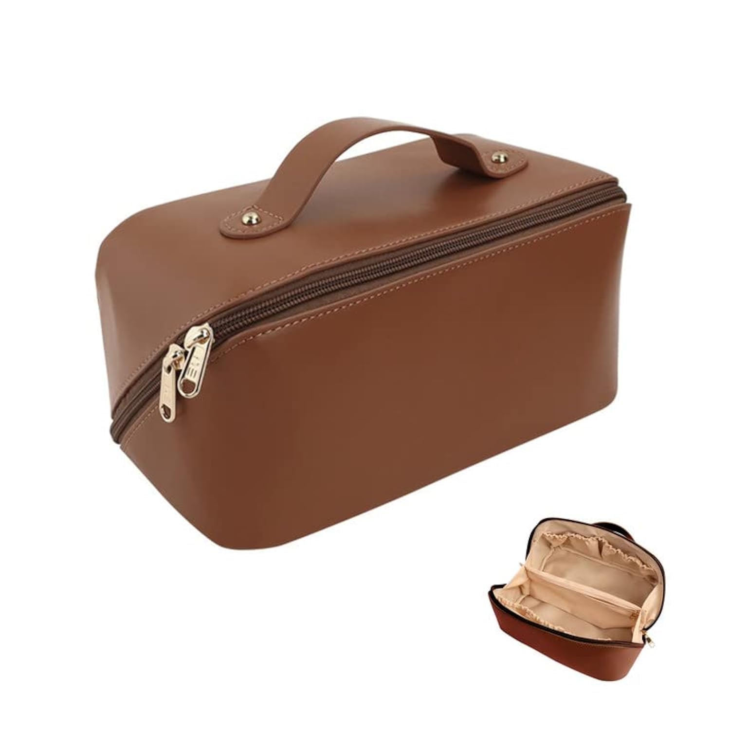 Ovenot Large Capacity Waterproof Travel Cosmetic Bag - PU Leather - Brown Light