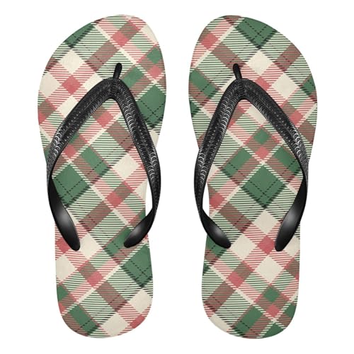Sinestour Green Beige Plaid Flip Flops for Beach Thong Sandals Anti-slip Lightweight Beach Slippers for House Indoor Outdoor
