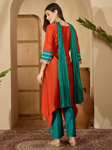 Image of EthnicJunction Women's Cotton Silk Embroidered Asymmetric Kurta Pant with Choker Dupatta Set | Wedding Outfit | Heavy | Kurta Set | Ethnic Set