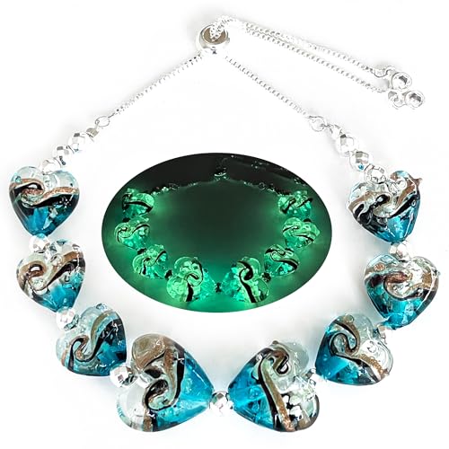 ARTSY Crafts Glow in The Dark Heart of the Ocean Glass Beads Bracelet Murano Glass Jewelry Firefly Beads Bracelets Adjustable slider Chain (Ocean Heart- Teal)