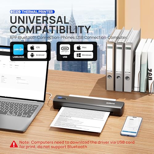 POLONO D810 Thermodrucker A4 Wireless für Reisen, Mobiler Drucker A4 Unterstützung für 8.5x11 US Brief, Tragbarer drucker Kompatibel mit iOS, Android, Laptop für Büro, Auto, Schwarz, 1Pack+2Modes
