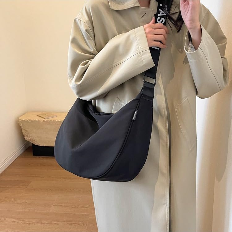 Crossbody Bags for Women - Hobo Durable Black Canvas Crescent Sling Purse with 3 Zippers Pockets for Casual & Work - Image 3