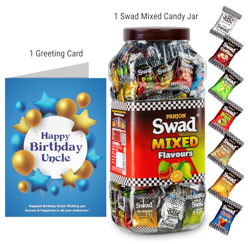 Image of Swad Happy Birthday Uncle Gift with Card (Swad Mixed Flavours Candy 200 Jar & 1 Greeting card) 2 units