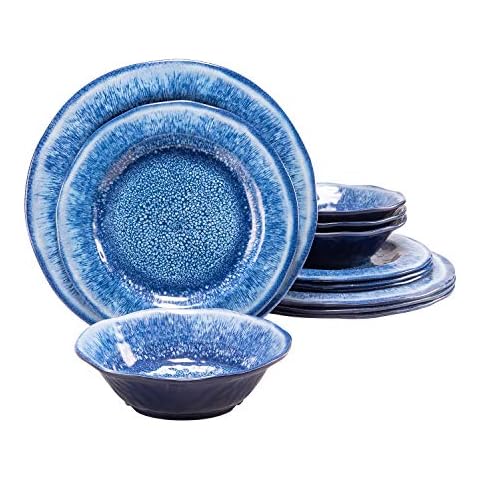 Topmela 12 Pcs Blue Melamine Dinnerware Set, Shatterproof and Dishwasher Safe, Ideal for Indoor and Outdoor Use Cover