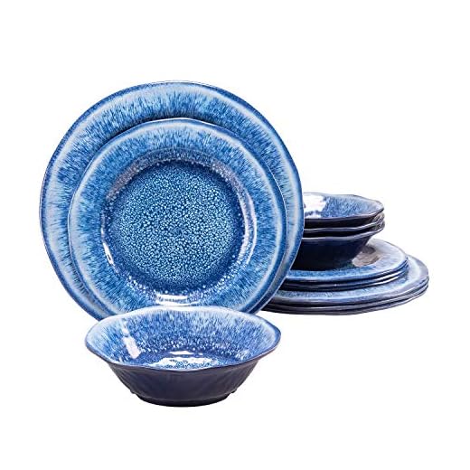 Melamine Dinnerware Set 12 Pcs Durable Dishware Plate Bowl Set Dishwasher Safe Shatter Proof Chip Resistant Not Microware Not Oven(Blue)