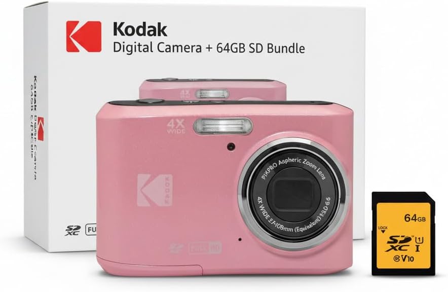 Kodak PIXPRO FZ45 Friendly Zoom 16MP 1080p Full HD Digital Camera (Pastel Pink) Bundle with Memory Card (2 Items)