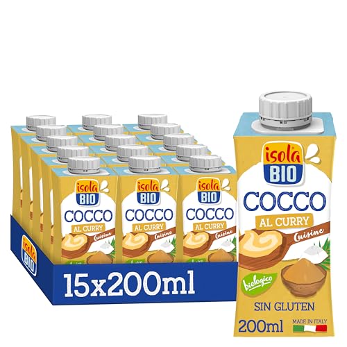 Isola Bio - Pack de 15 Cremas de Coco y Curry Ecológicas de 200 ml– Alternativa Vegetal para Cocinar, Sin Lactosa, Sin Gluten, 100% Orgánica, Ideal para Salsas, Arroces y Recetas Veganas – 200 ml
