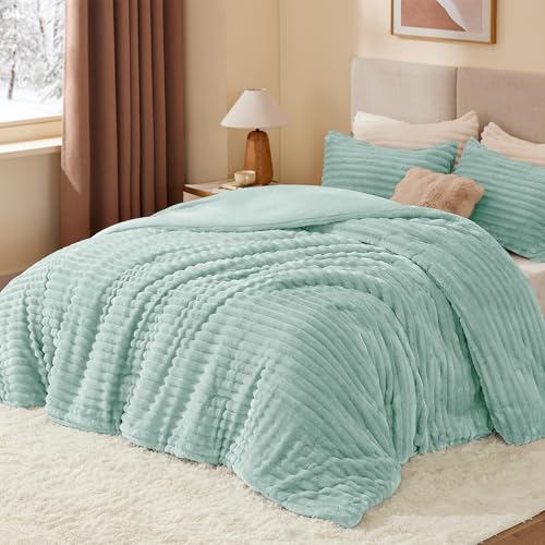 Image of BEDELITE Fleece King Comforter Set -Super Soft & Warm Fluffy Light Green Bedding, Luxury Fuzzy Heavy Bed Set for All Season with 2 Pillow Cases