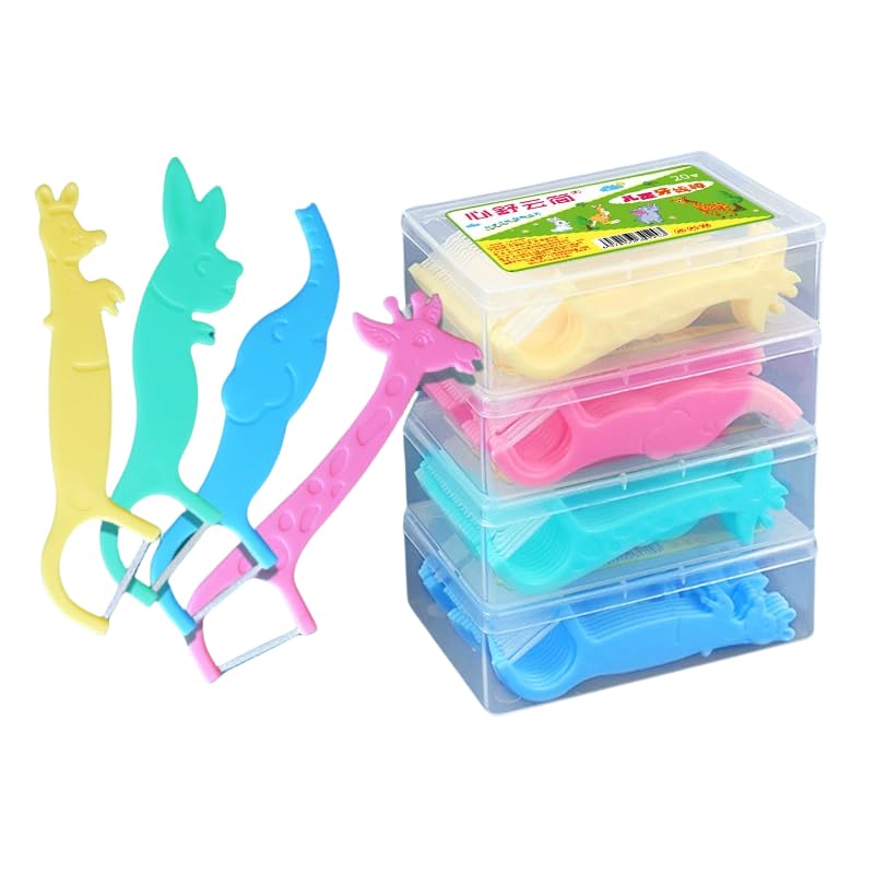 Children's Cartoon Floss Picks, 80 Count with Portable Case, Interdental Picks, Suitable for Kids and Adults, 4-Pack