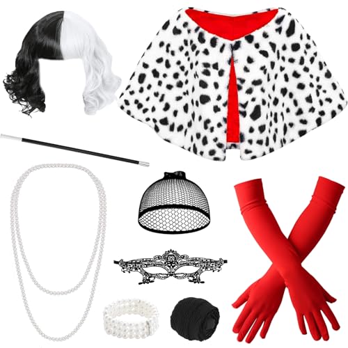 9 Pièces Déguisement Cruella, Noire et Blanche costume de Cruella avec Perruque Masque Colliers de Perles...