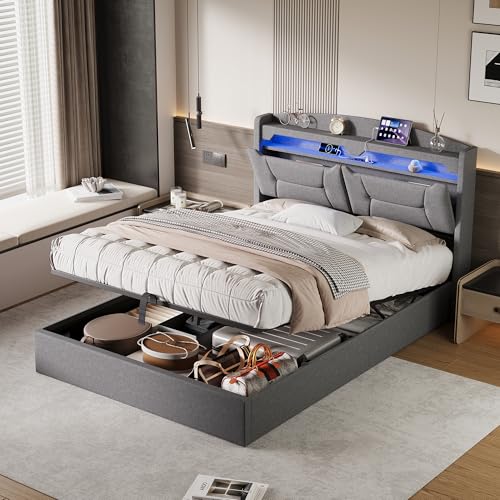 MOTUZP Cama doble 140 x 190 cm, cama tapizada con LED, base de carga, cabecero, cama con cajón, estructura de cama con cabecero y somier de láminas de madera, lino, sin colchón