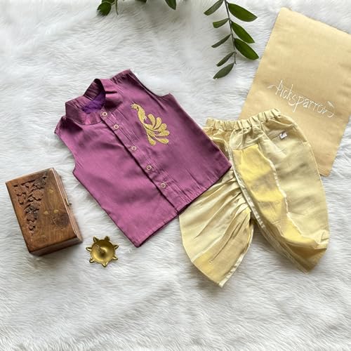 Image of Picksparrow Baby Boy Cotton Silk-Tissue Kasavu Cotton Shirt with Dhoti pant (Peacock-Sleeveless)