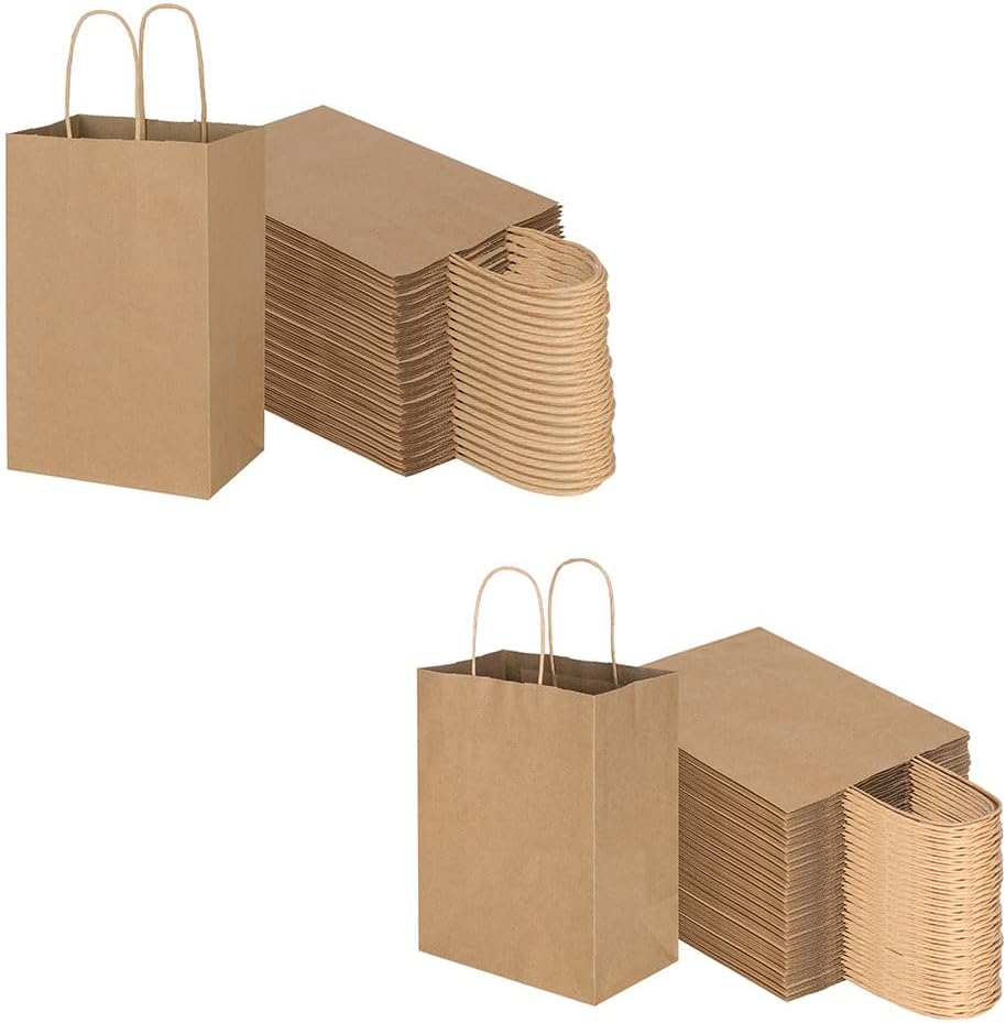 Toovip Each 100 Pack Small & Medium Brown Kraft Paper Gift Wrap Bags with Handles Bulk