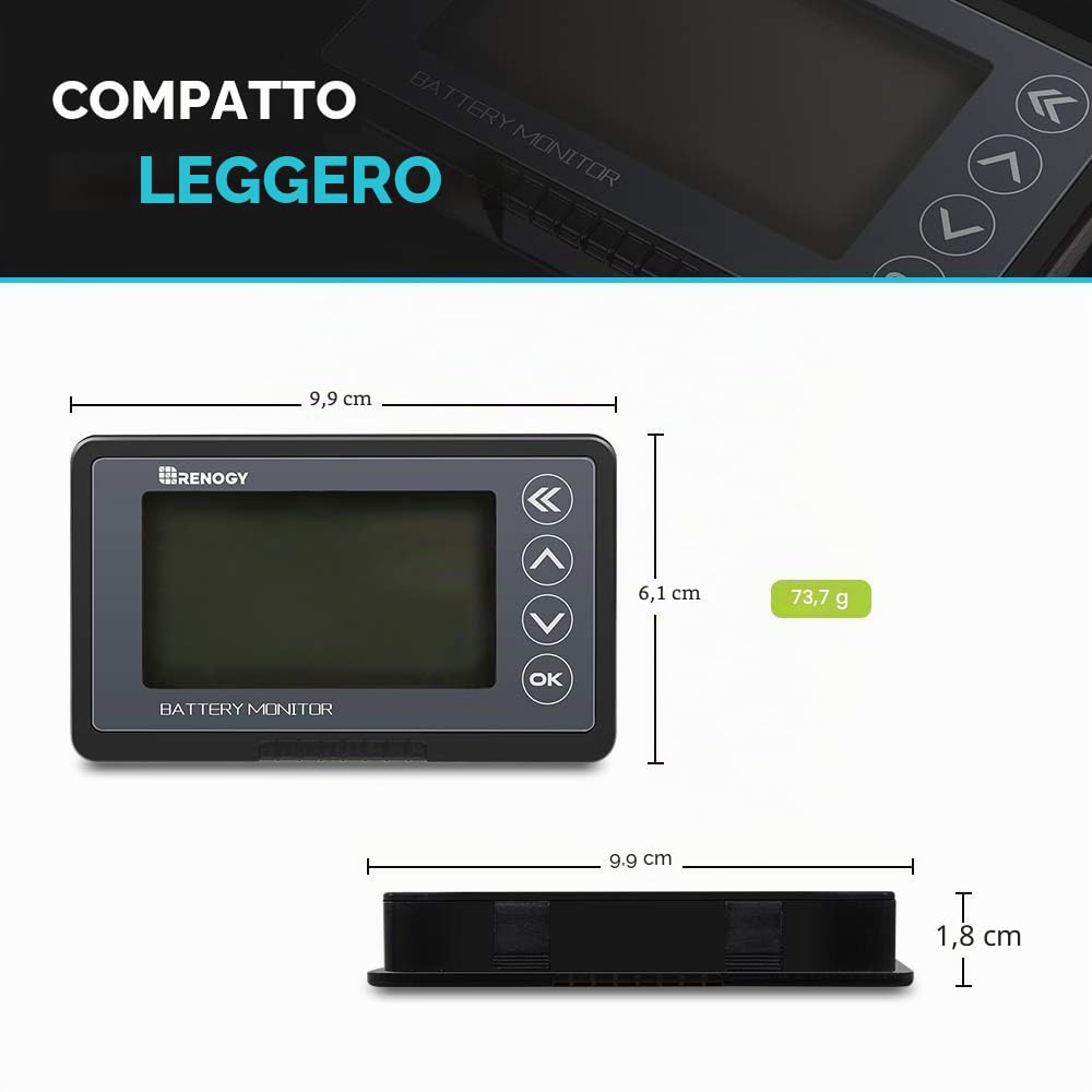 Renogy Batteria 500 A 12 V/24 V/36/48 V, monitor batteria ad alta precisione con allarme programmabile per alta tensione e bassa, compatibile con LiFPO4, AGM, sigillato, gel, batterie bagnate per