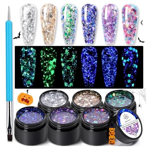 Born Pretty Glitter Gel Nail Polish Glow in the Dark Halloween Gel Nail Polish Set Luminous Nail Polish Sparkly Shiny Gel Polish Kit with Nail Brush Soak Off Nail Polish Home DIY Manicure Varnish