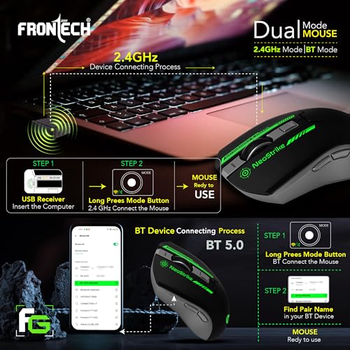 Image of FRONTECH Neo Strike Wireless Gaming Mouse with 3200DPI, Comfortable & Ergonomic Design, RGB LED Lights, 6 Buttons, in-Built Rechargeable Battery, Power & LED ON /Off Switch.(MS-0059)