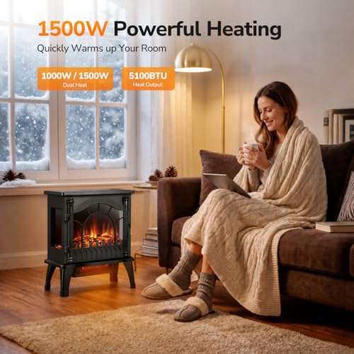 Image of Electric Fireplace Stove with 3D Flame Effect, 1000 /1500W & Flame-Only Mode