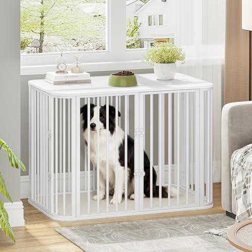 Hzuaneri Hundekäfig Möbel, Indoor Hundebox mit Kissen, Modernes Dreitür-Design, Hochbelastbar Hundekäfige, Beistelltisch aus Holz, Geeignet für Große Hunde, 108 x 66 x 77,5 cm, Weiß DFC86713W