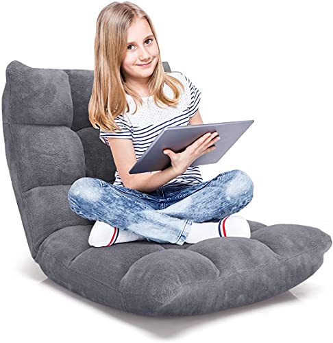 RELAX4LIFE Fauteuil Bas Multiposition Réglable en 14 Angles, Chauffeuse Convertible en Molleton Corail Fauteuil Paresseux 1 Place Adulte Enfant Rembourré Charge 120kg, 105x57x15CM(Gris)
